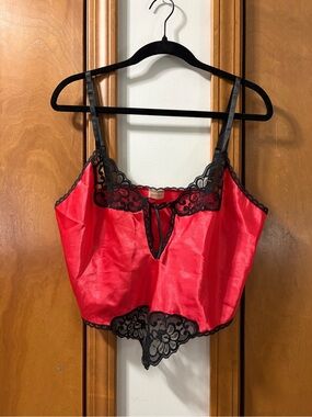 Frederick's of Hollywood Red Satin Camisole with Black Lace